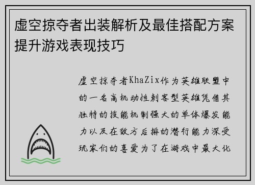 虚空掠夺者出装解析及最佳搭配方案提升游戏表现技巧