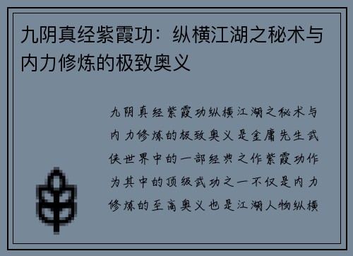 九阴真经紫霞功：纵横江湖之秘术与内力修炼的极致奥义